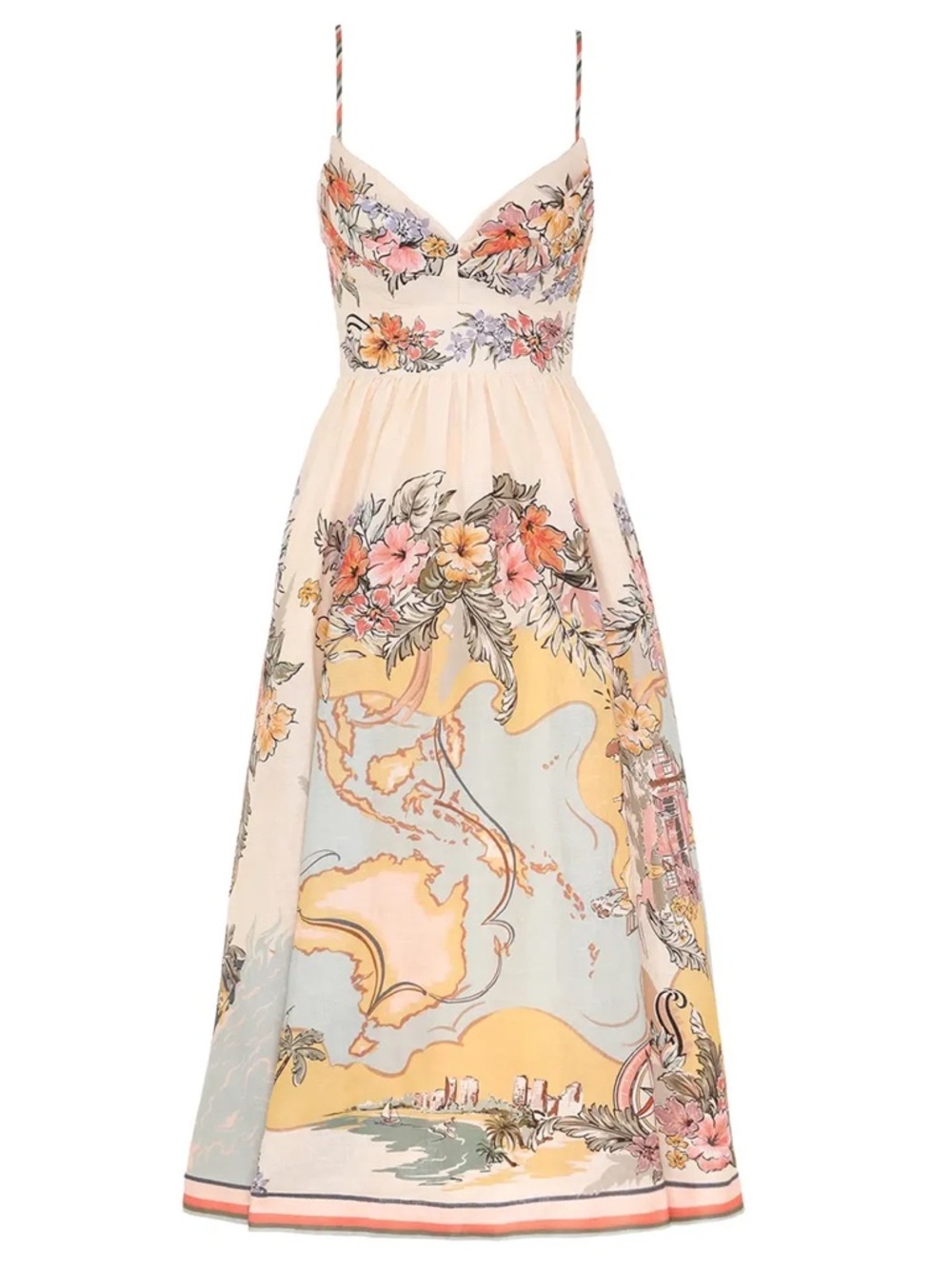 Zimmermann Cream Floral Midi Dress with Pink & Yellow Motif